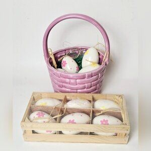 Charming Vintage Purple Basket w/ Decorative Hand painted Ceramic Eggs Ornaments